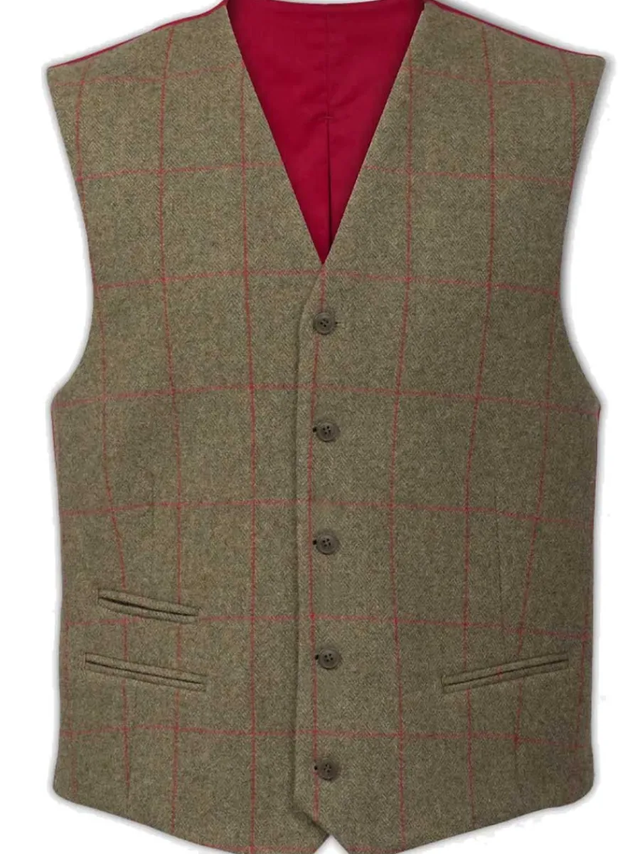 Alan Paine Combrook Mens Tweed Lined-Back Waistcoat - Sage