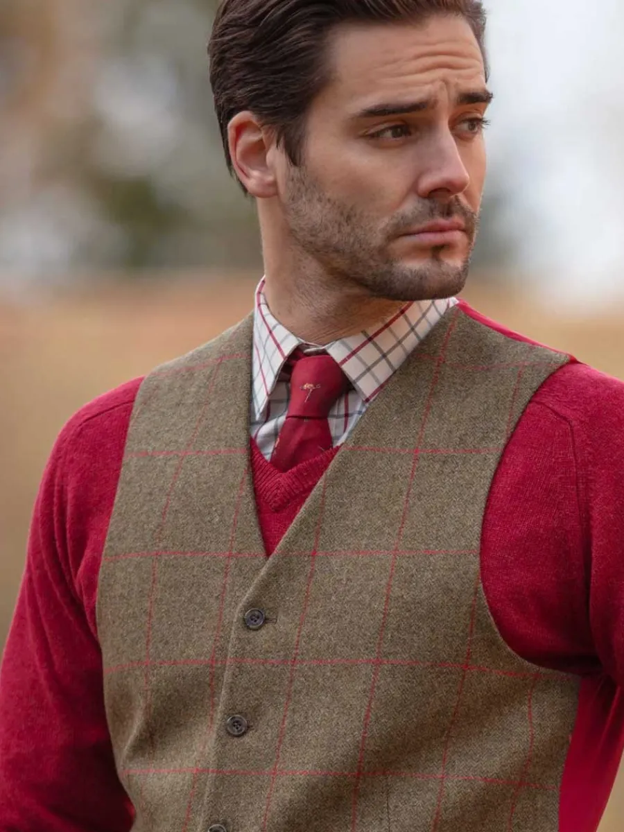 Alan Paine Combrook Mens Tweed Lined-Back Waistcoat - Sage
