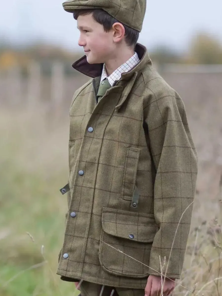 Alan Paine Rutland Shooting Coat - Kids Waterproof Tweed - Lichen