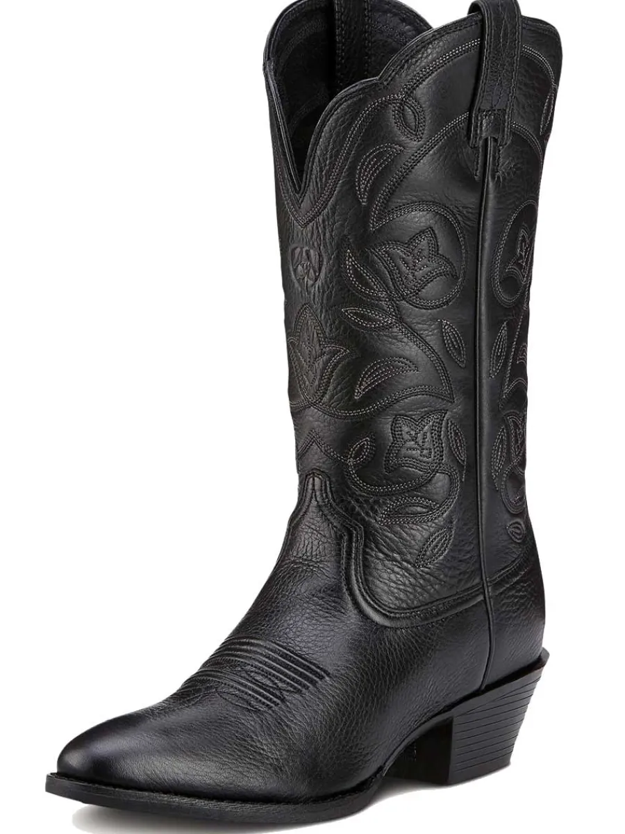 Women Ariat Heritage Western R Toe Boots - Womens Cowgirl - Black Deertan
