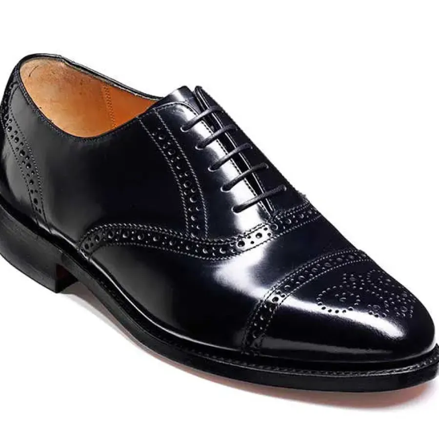 Barker Shoes BARKER Alfred Shoes - Mens Semi Brogue Oxford - Black Hi-Shine