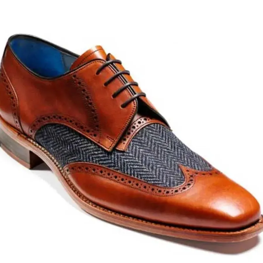 Barker Shoes BARKER Jackson Shoes - Mens Derby - Cedar Calf & Blue Harris Tweed