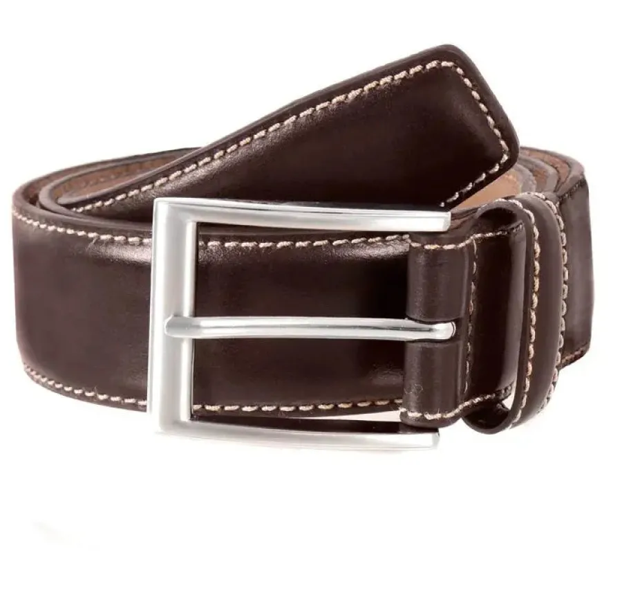 Dents Leather Belt - Mens Contrast Top Stitch Detail - Brown