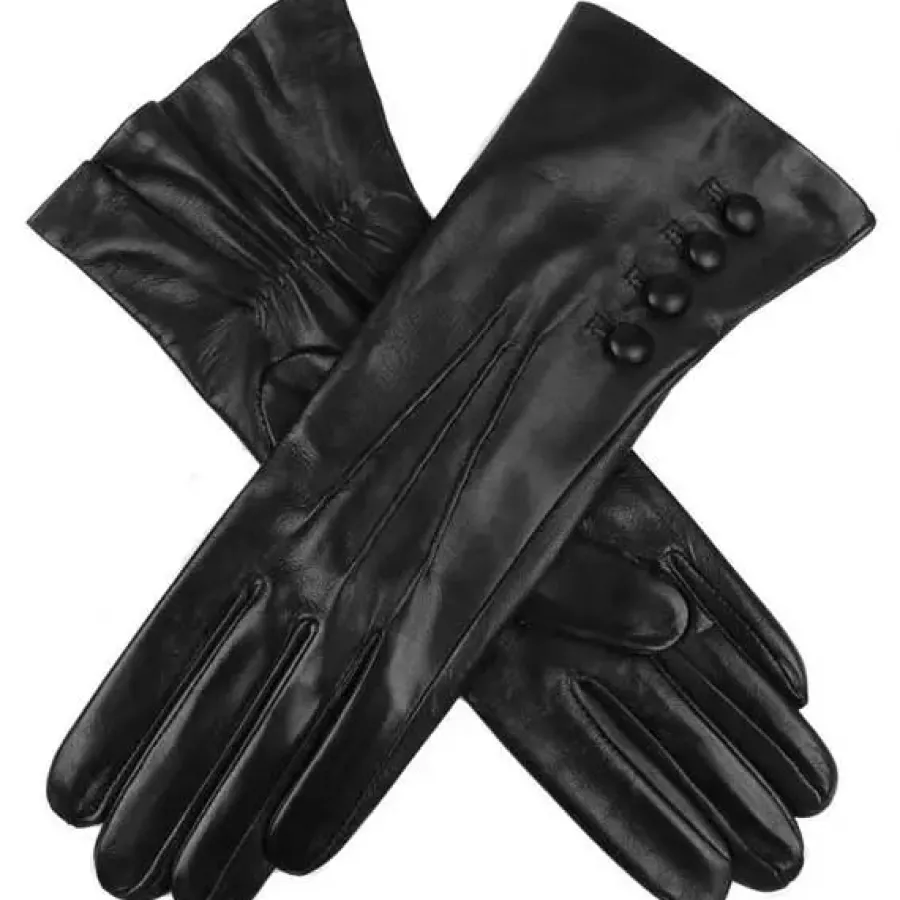 Dents Rose Silk Lined Leather Gloves With Buttons - Ladies - Black