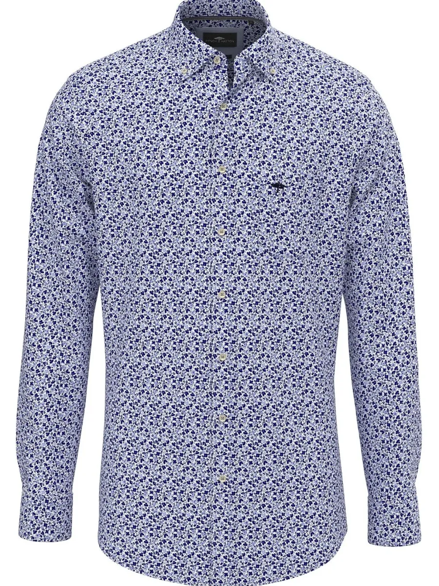 Fynch Hatton Pure Cotton Shirt - Men's – Modern Flower Print Soft Blue