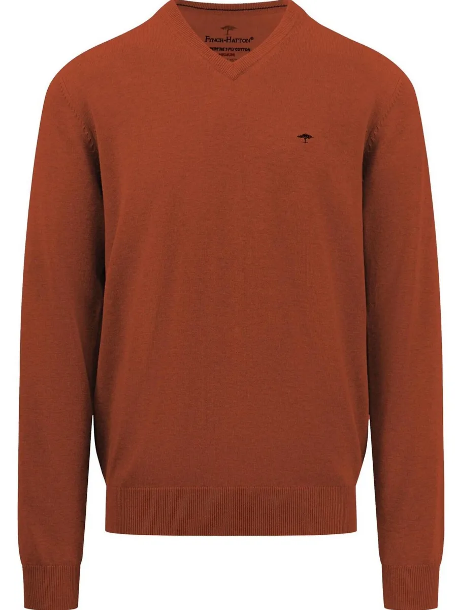 Fynch Hatton V-Neck Sweater - Men's Fine Knit – Rust