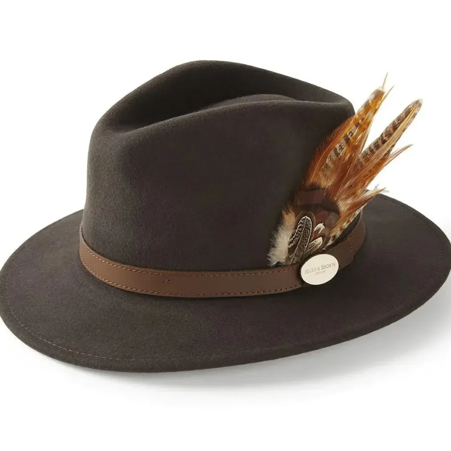 Women Hicks and Brown HICKS & BROWN Ladies Suffolk Fedora Hat - Gamebird Feather - Dark Brow