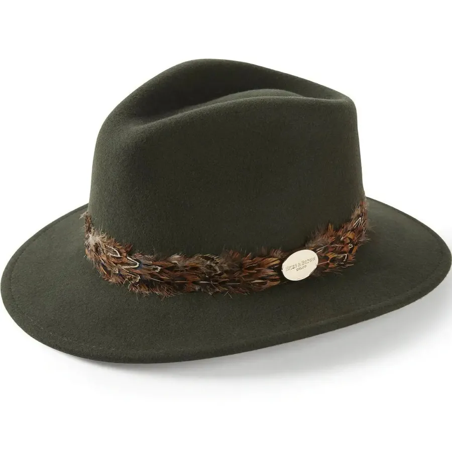 Women Hicks and Brown HICKS & BROWN Ladies Suffolk Fedora Hat - Pheasant Feather Wrap - Oliv