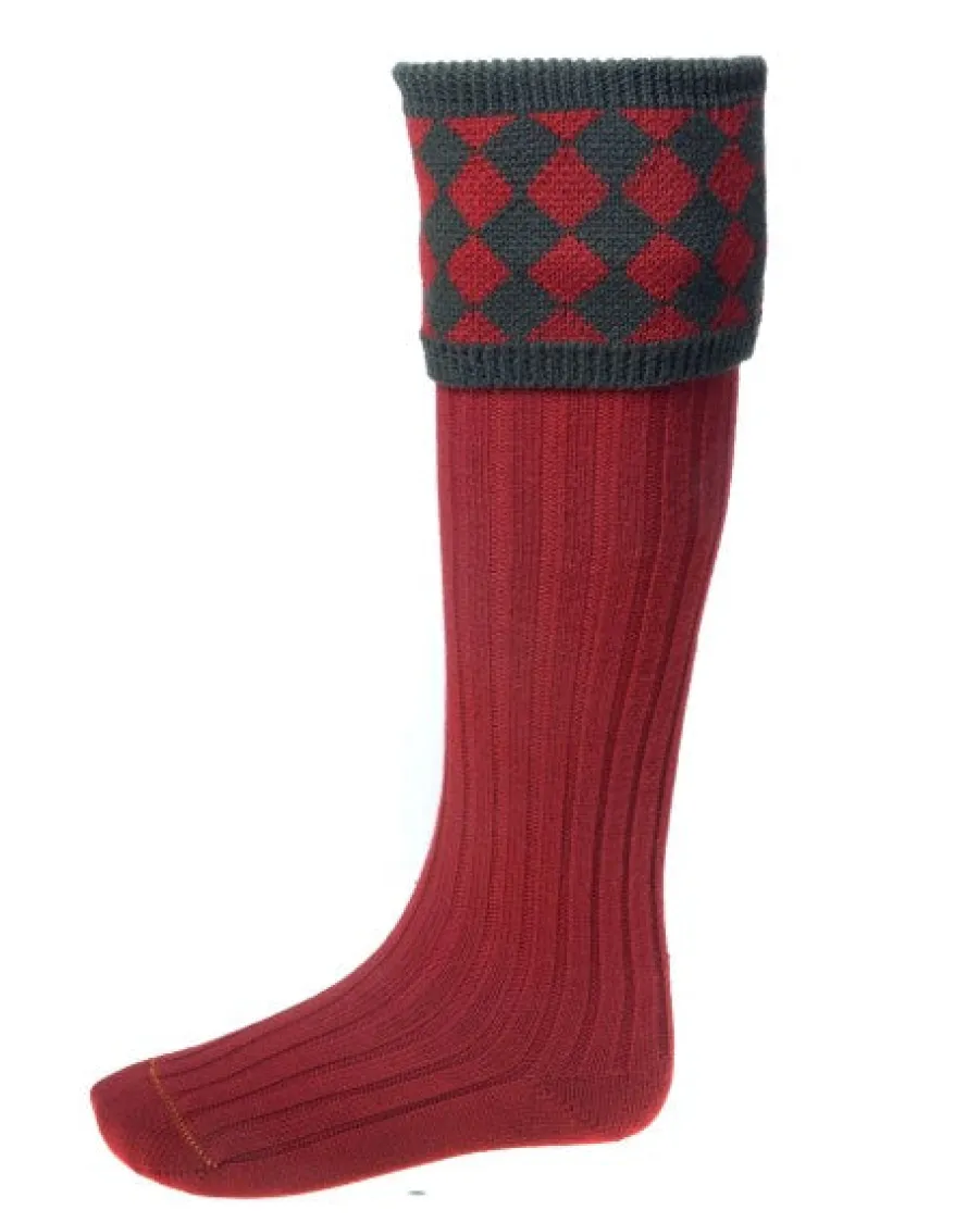 House Of Cheviot Chessboard Shooting Socks - Mens - Brick Red