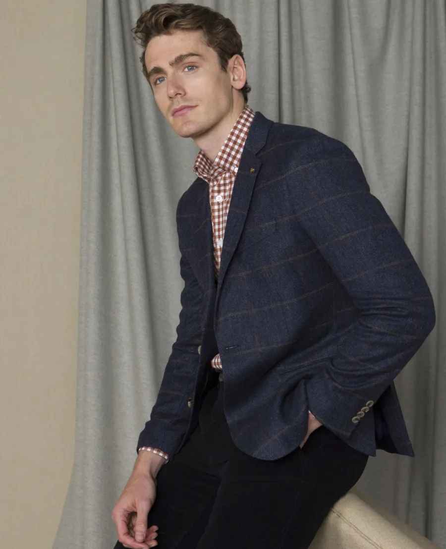 Magee Donegal Tweed Jacket - Mens Clady - Navy With Subtle Overcheck