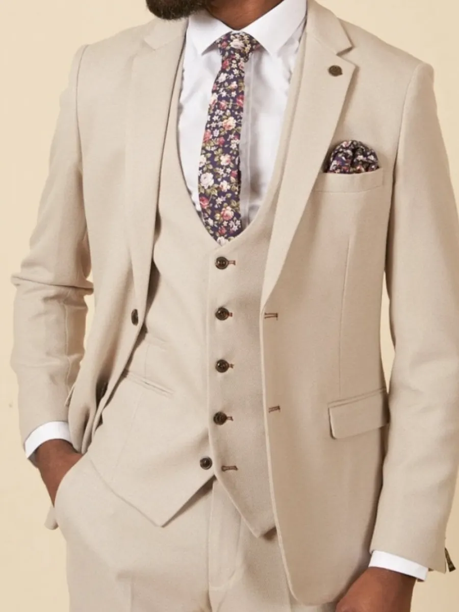 Marc Darcy HM5 Tailored Three Piece Suit - Mens Slim Fit - Stone