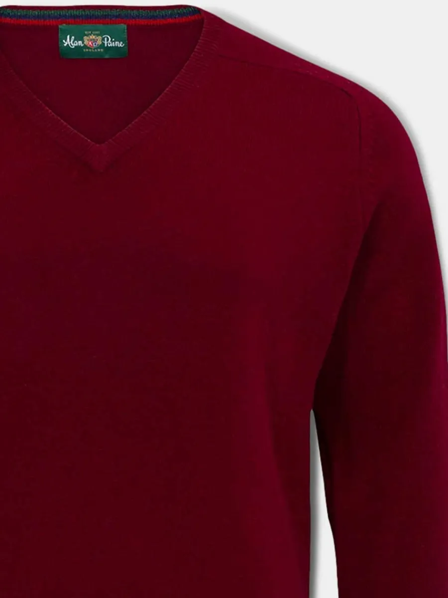 Alan Paine 50% OFF Streetly Men's V Neck Lambswool Jumper - Bordeaux -
