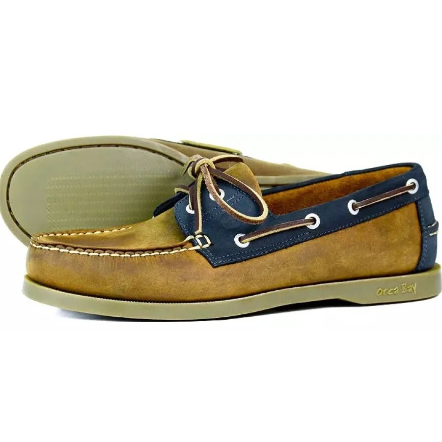 Women Orca Bay 40% OFF Ladies Oakland Leather Deck Shoes - Sand/Navy - Size: