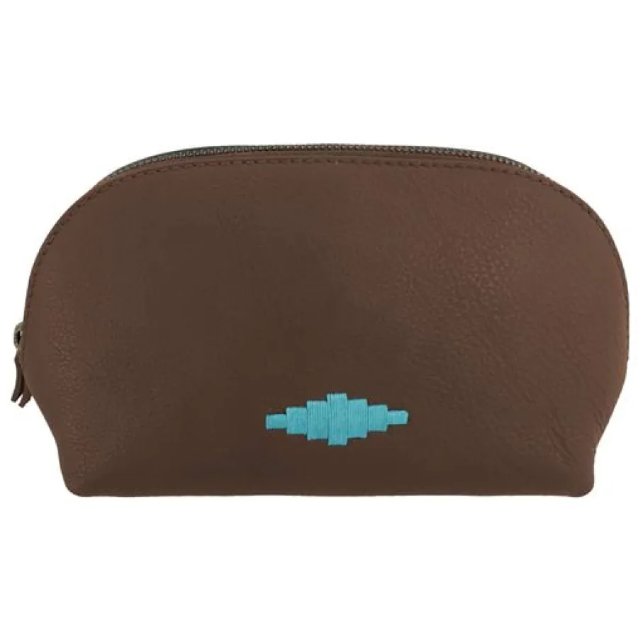Pampeano - Brillo Cosmetic Bag - Brown Leather with Turquoise Stitchin