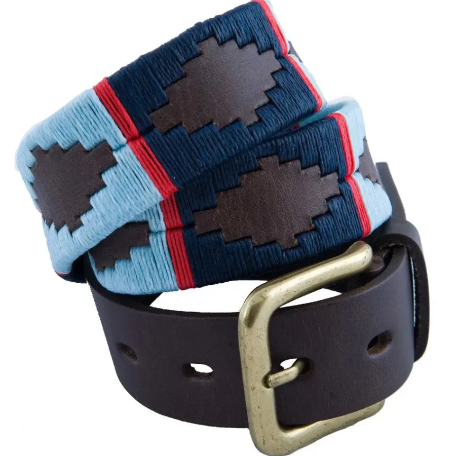 Pioneros Polo Belt - Wide Argentinian - 186 Navy/Pale Blue with Red St