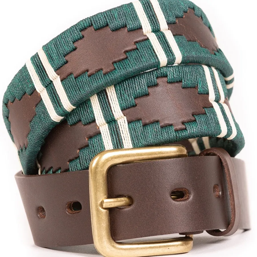 Pioneros Polo Belt - Wide Argentinian - 123 Green with Double White St