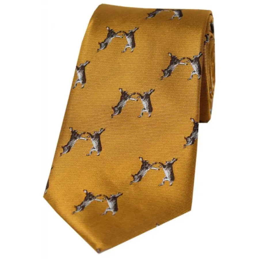 Women Soprano Boxing Hares Country Silk Tie - Old Gold
