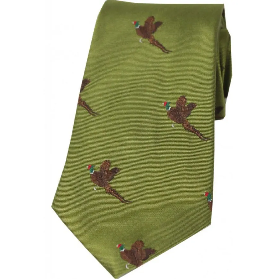 Women Soprano Flying Pheasants Silk Country Tie - Moss Green