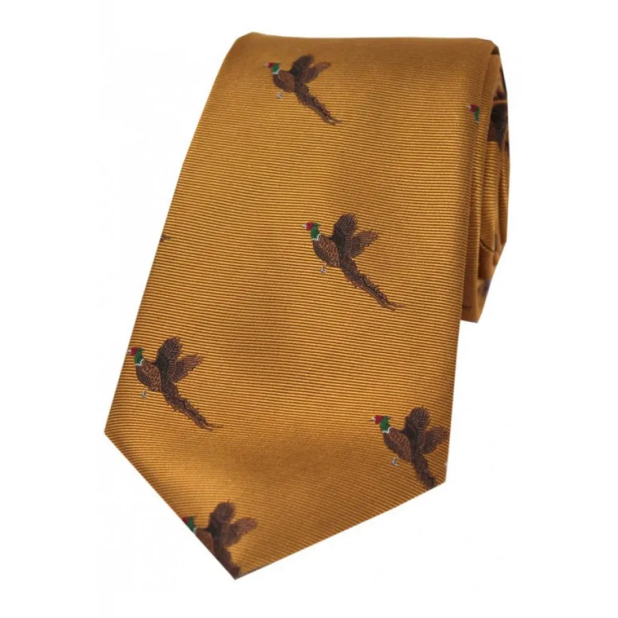 Women Soprano Flying Pheasants Silk Country Tie - Old Gold