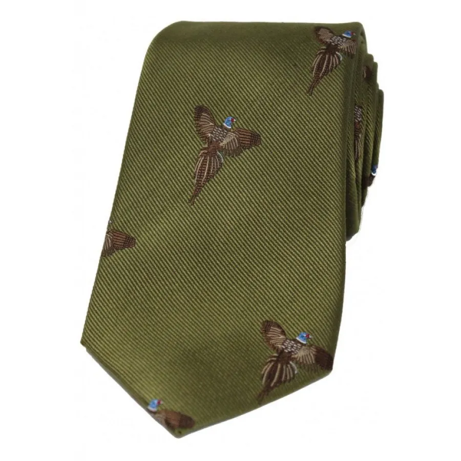 Women Soprano Flying Pheasants Woven Silk Country Tie - Country Green