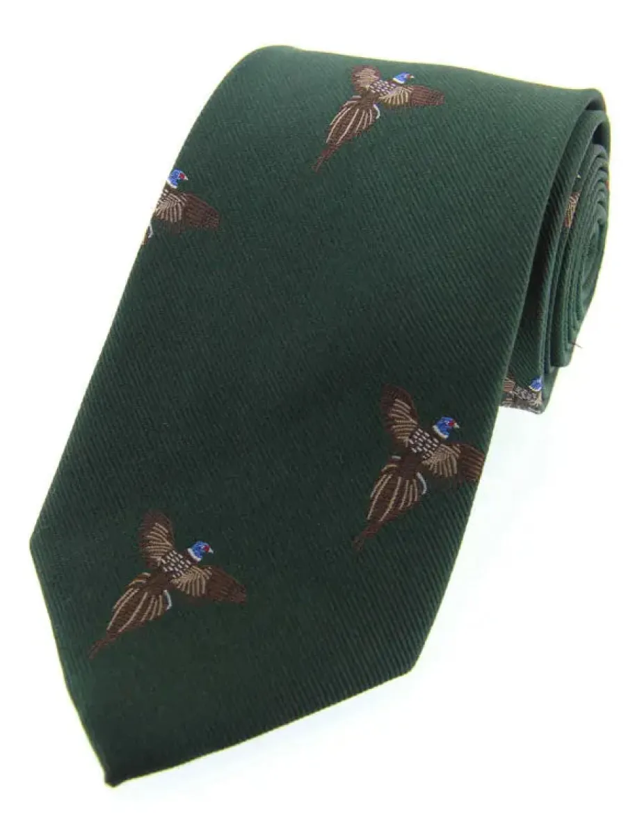 Women Soprano Flying Pheasants Woven Silk Country Tie - Racing Green