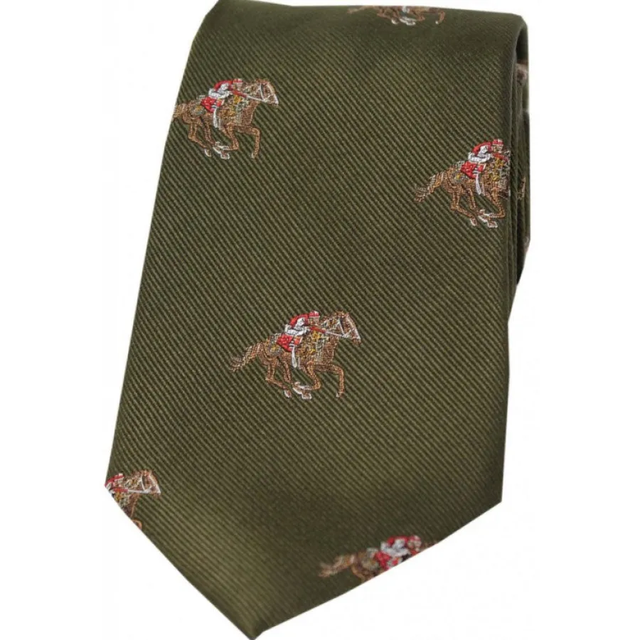 Women Soprano Jockeys & Horses Silk Country Tie - Moss Green