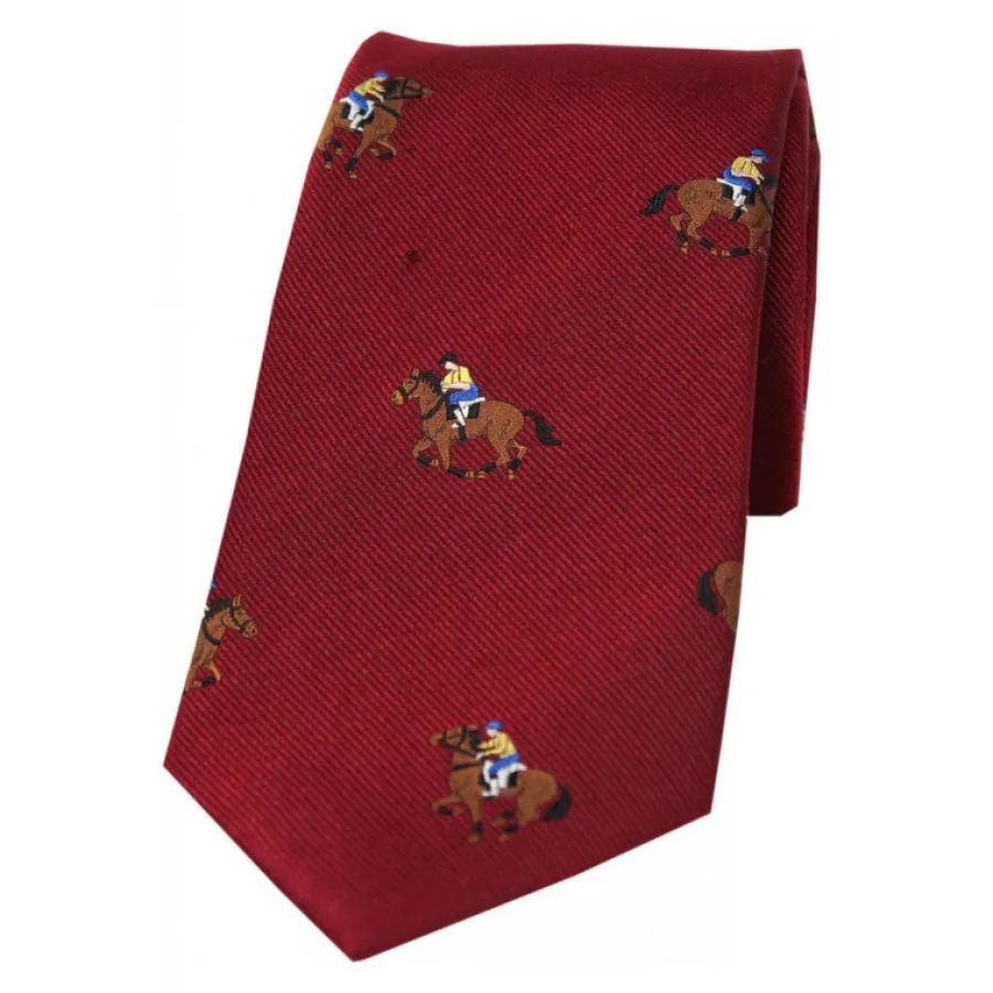 Women Soprano Jockeys & Horses Silk Country Tie - Deep Red